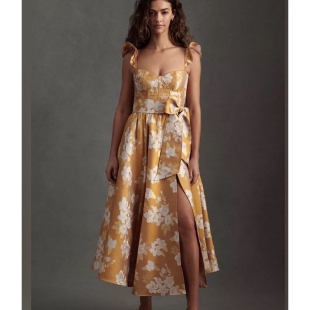 $525 Anthropologie V. Chapman Vera Ruffle Corset Slit Gold Dress Floral  10 Midi - Picture 11 of 15